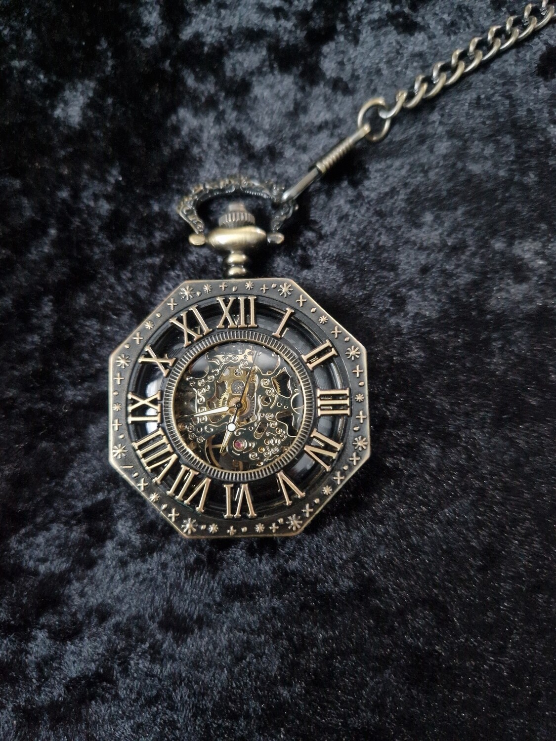 Octagonal Bronze Tone Retro Skeleton Wind Up Pocket Watch with Roman Numeral Top