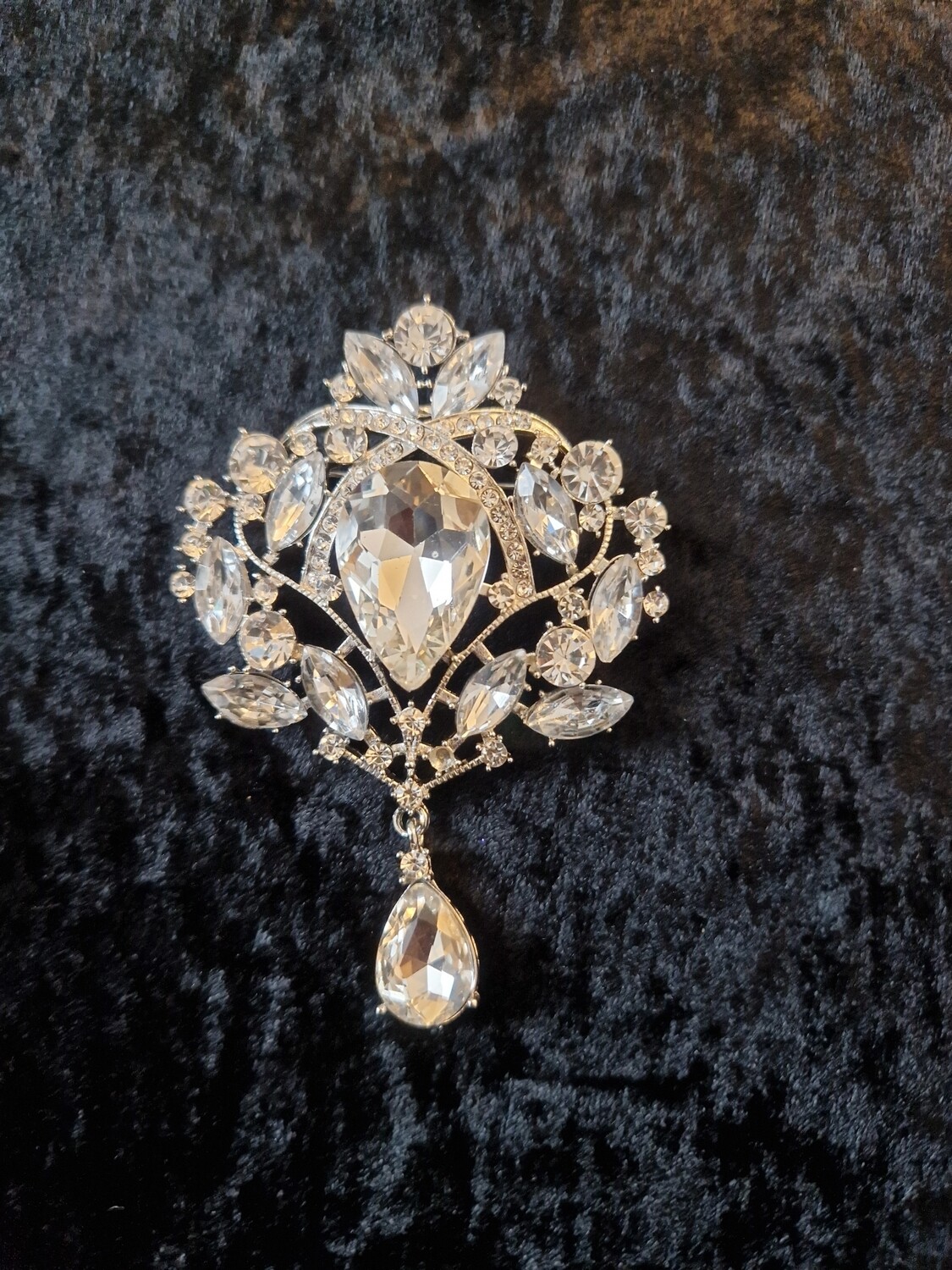 Large Crystal Teardrop Brooch Silver Tone