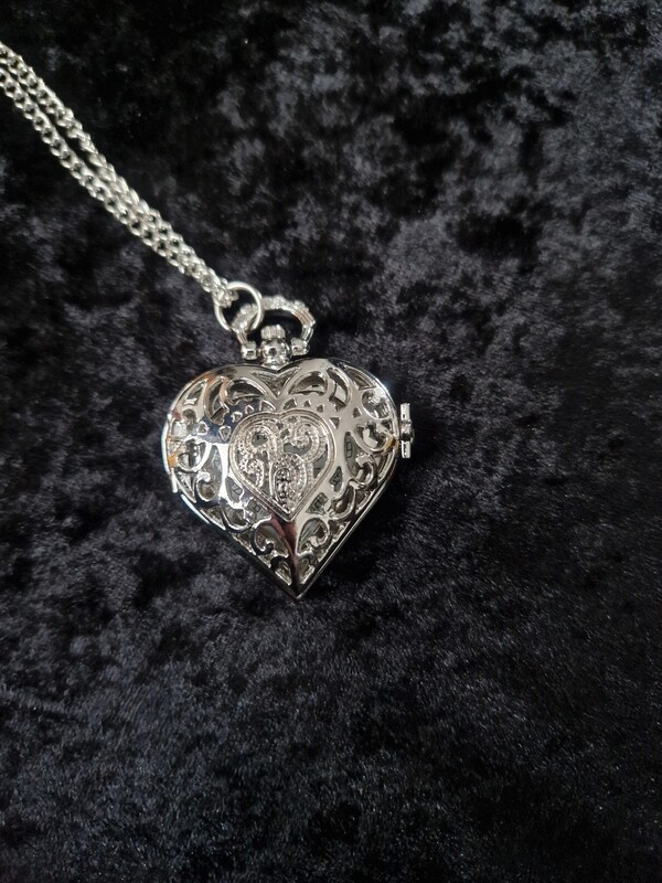 Silver Tone Heart Quartz Pocket Watch