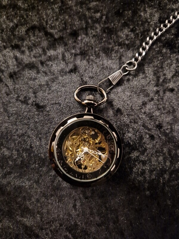 Round Gunmetal Black Tone Retro Skeleton Wind Up Pocket Watch