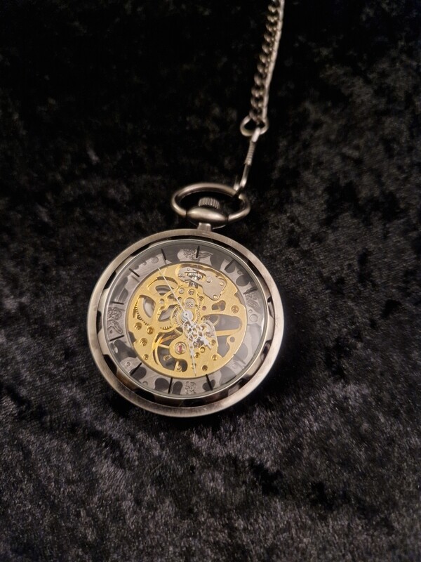Round Gunmetal Silver Tone Retro Skeleton Wind Up Pocket Watch