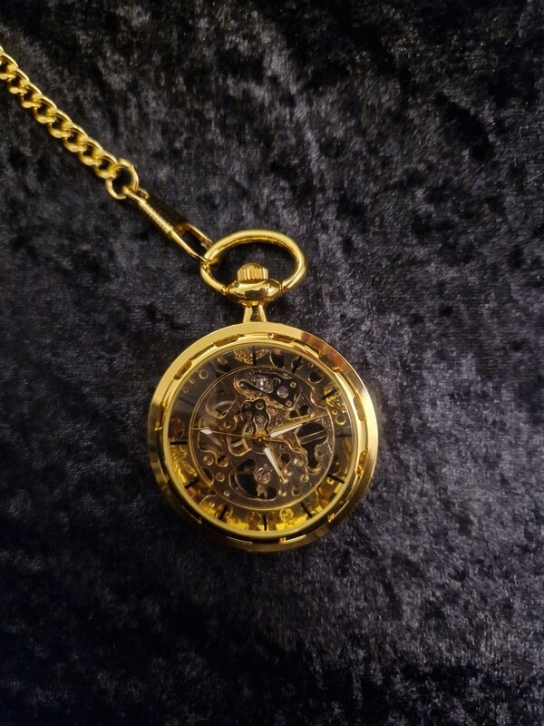Round Gunmetal Gold Tone Retro Skeleton Wind Up Pocket Watch