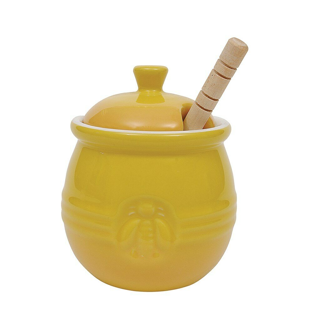 Yellow Stoneware Honey Pot with Bee and Comb Design