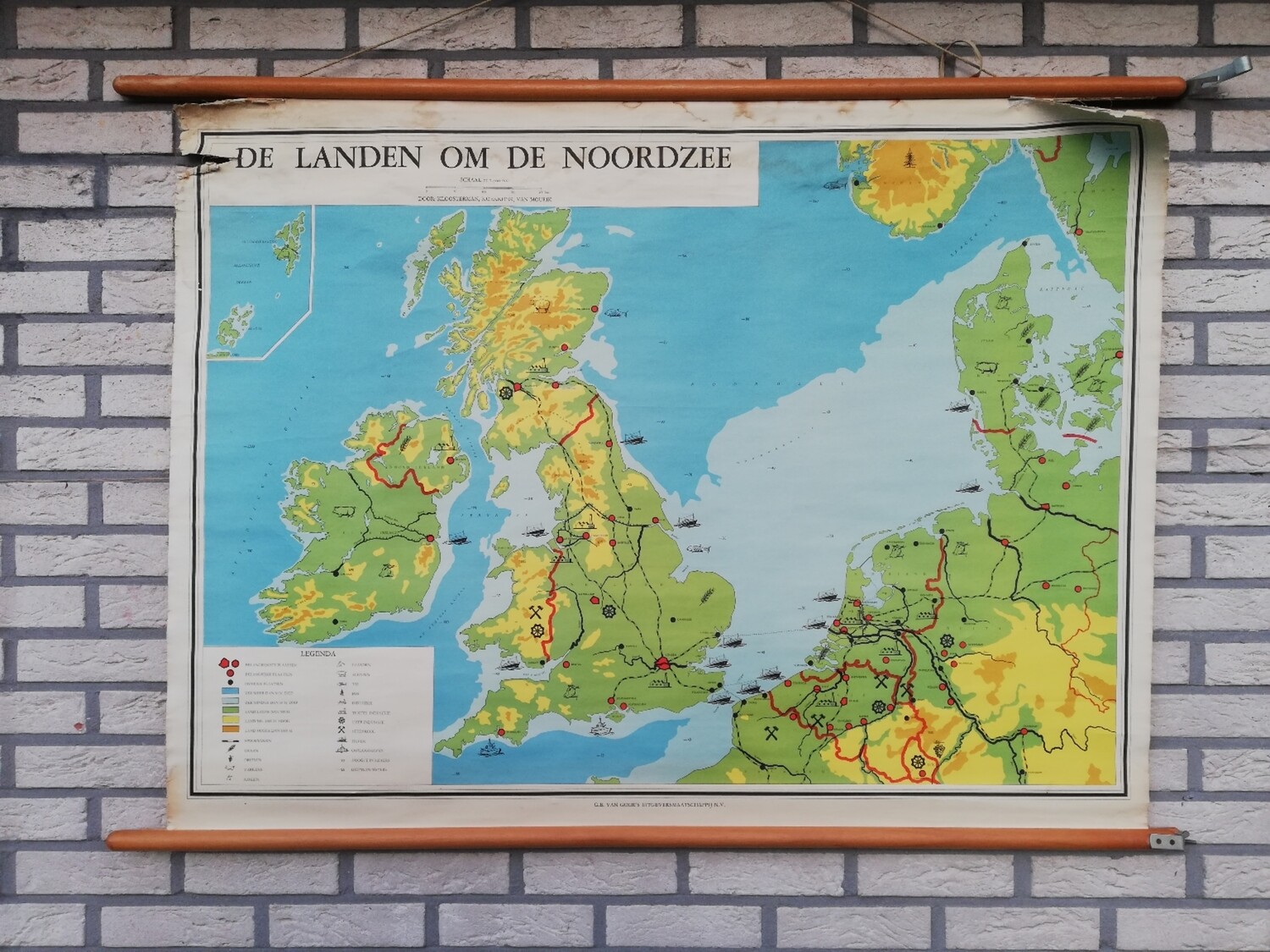 Oude schoolkaart 'de landen om de noordzee'