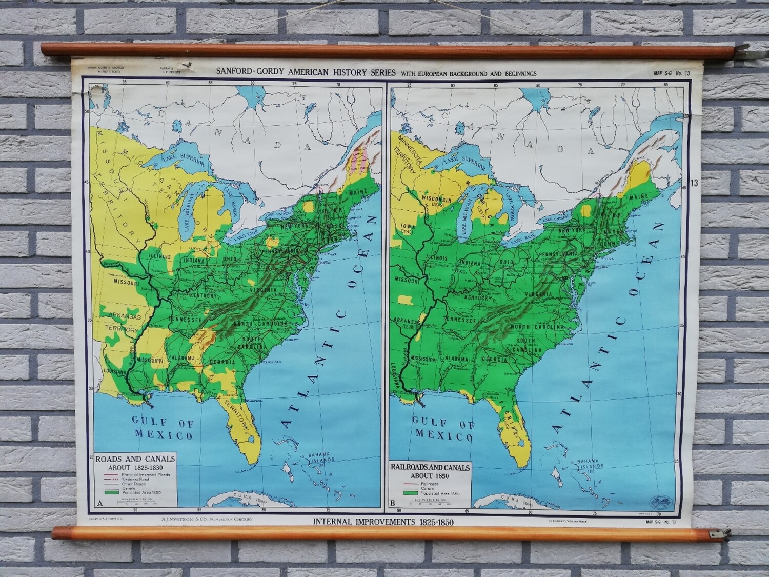 Schoolkaart (ENG) - (spoor)wegen en kanalen USA 1825-1850
