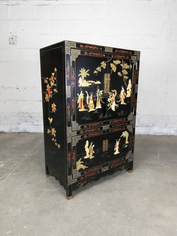 Chinese lacquered cabinet with soapstone figures