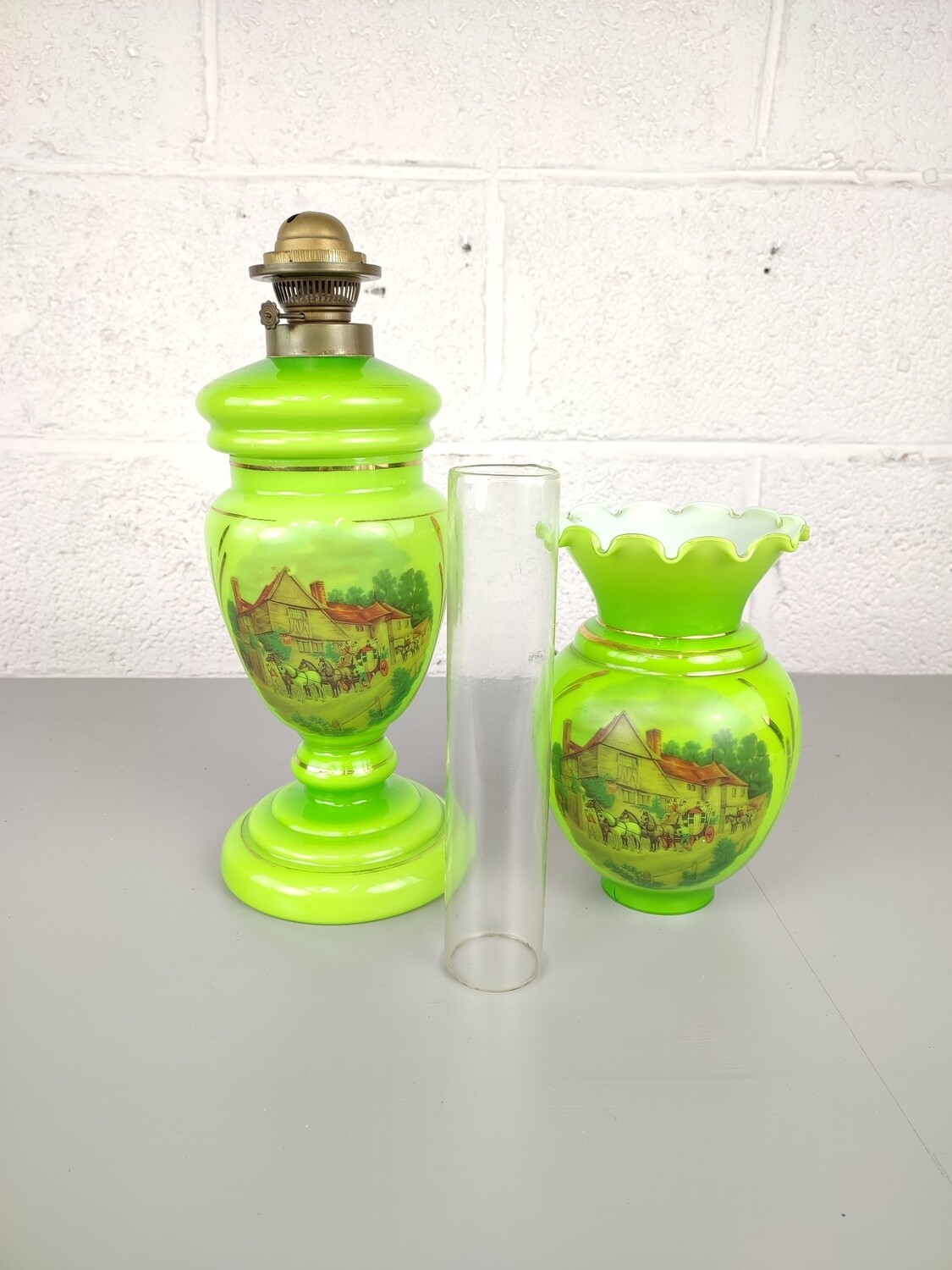 Antique oil lamp in green opaline glass