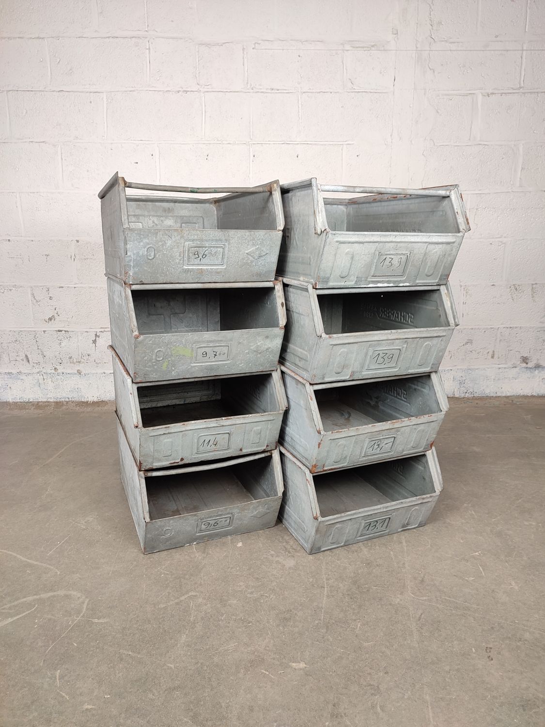 8 large Schafer stacking bins