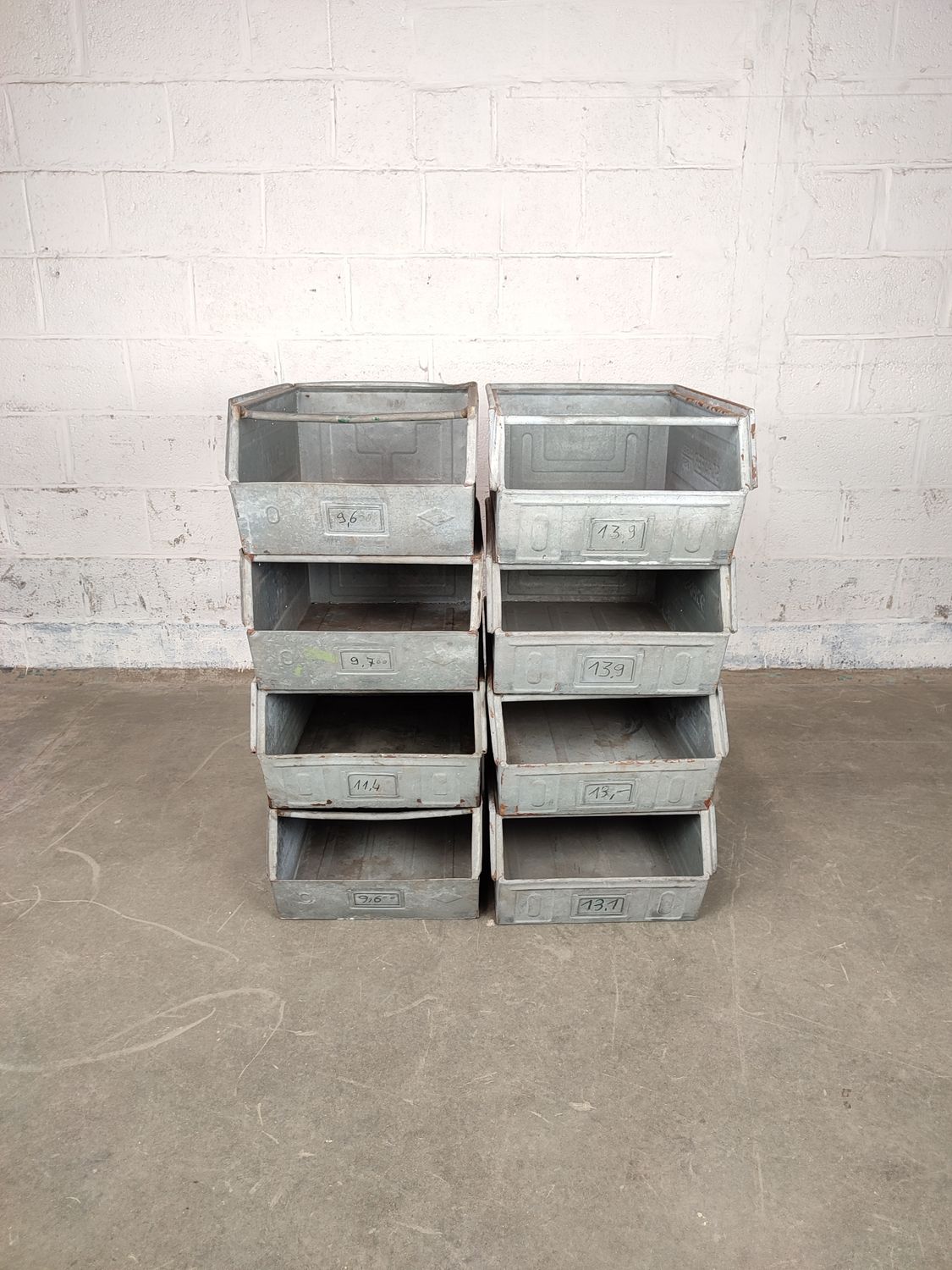 8 large Schafer stacking bins