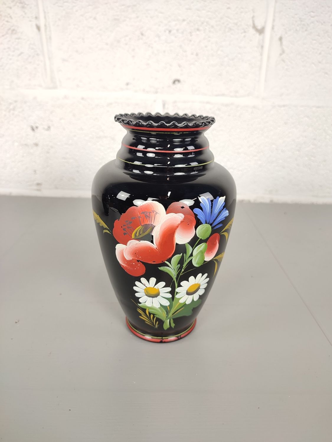 Hand painted black glass vase