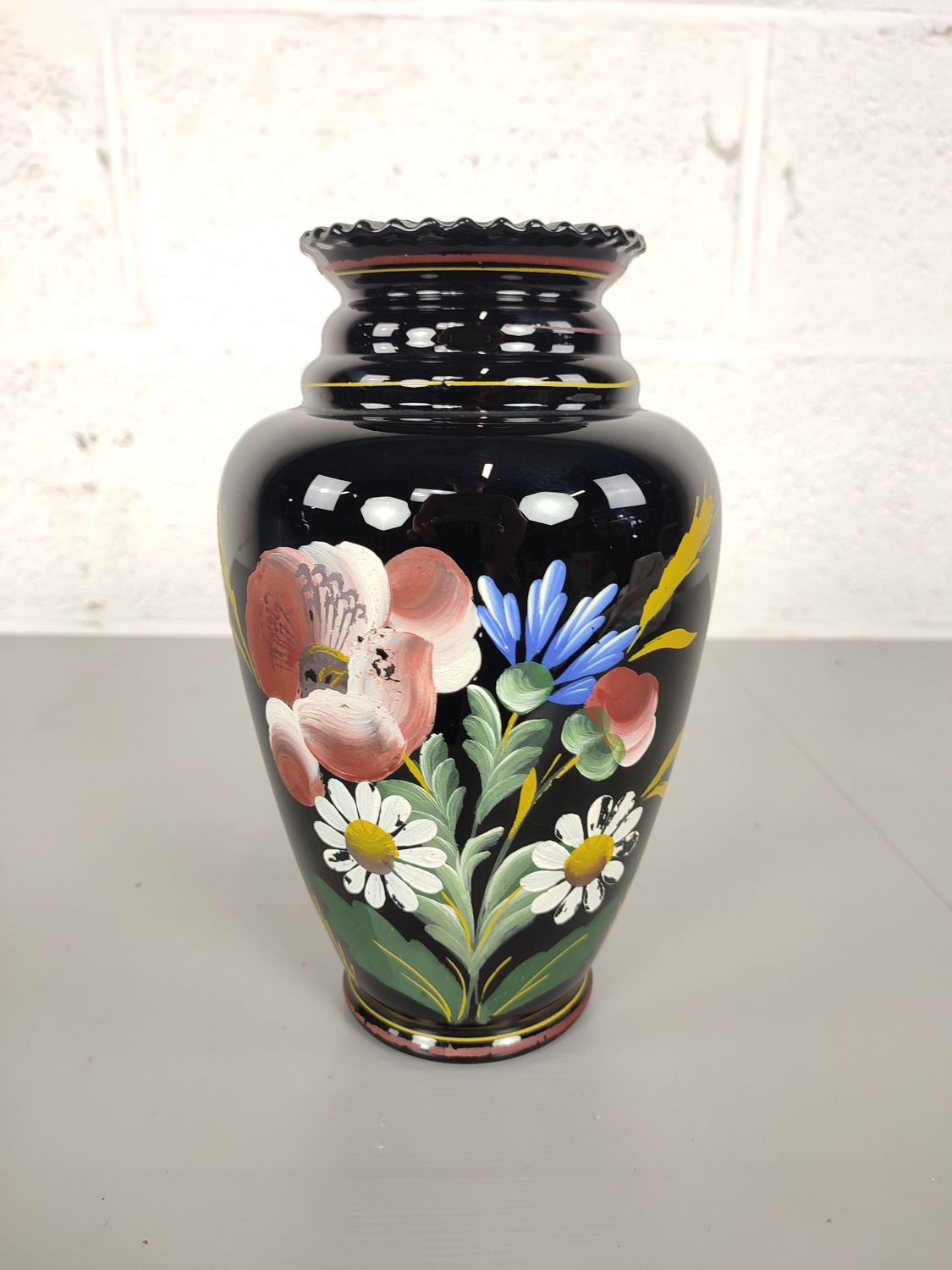 Hand painted black glass vases