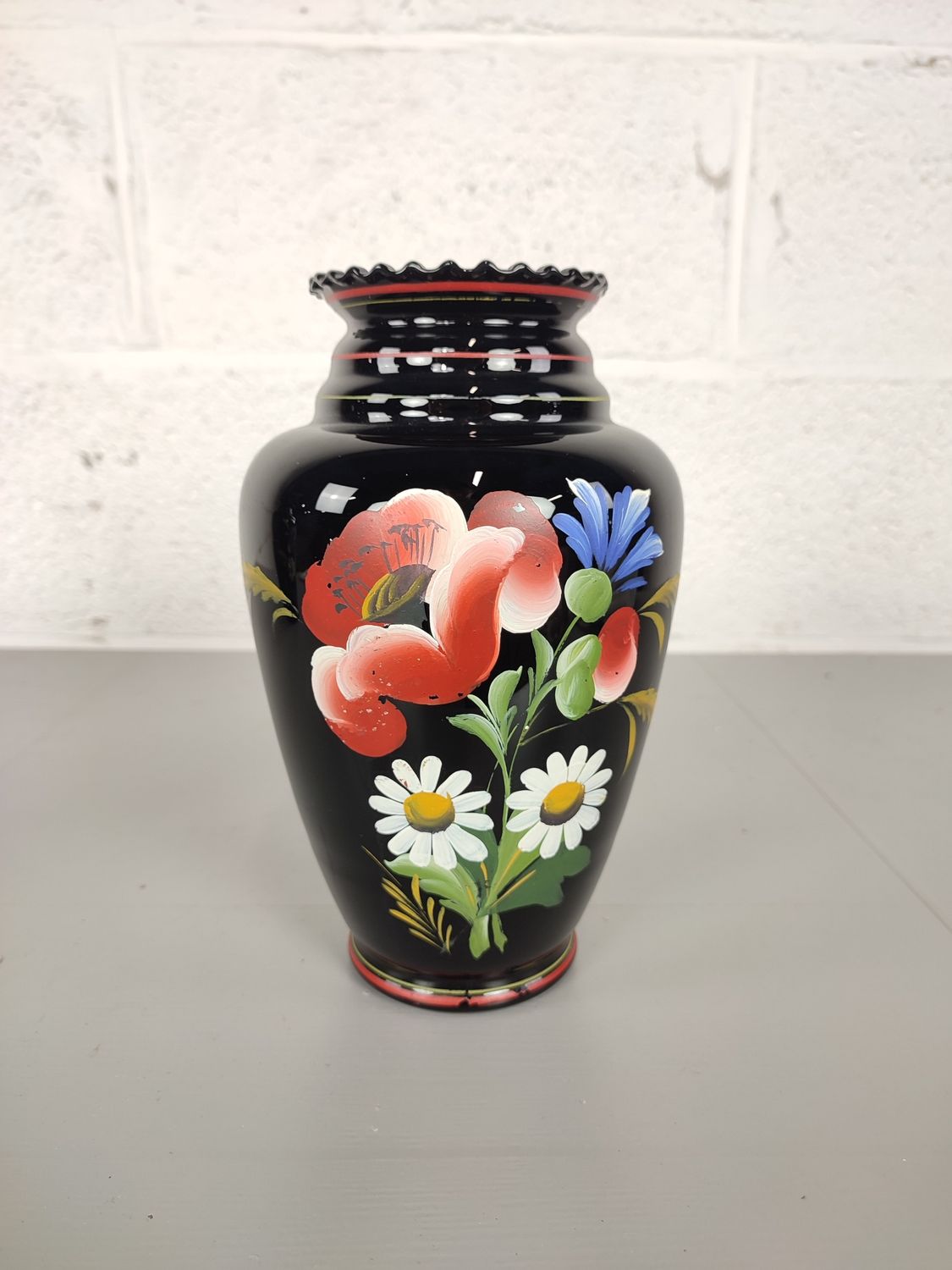 Hand painted black glass vase