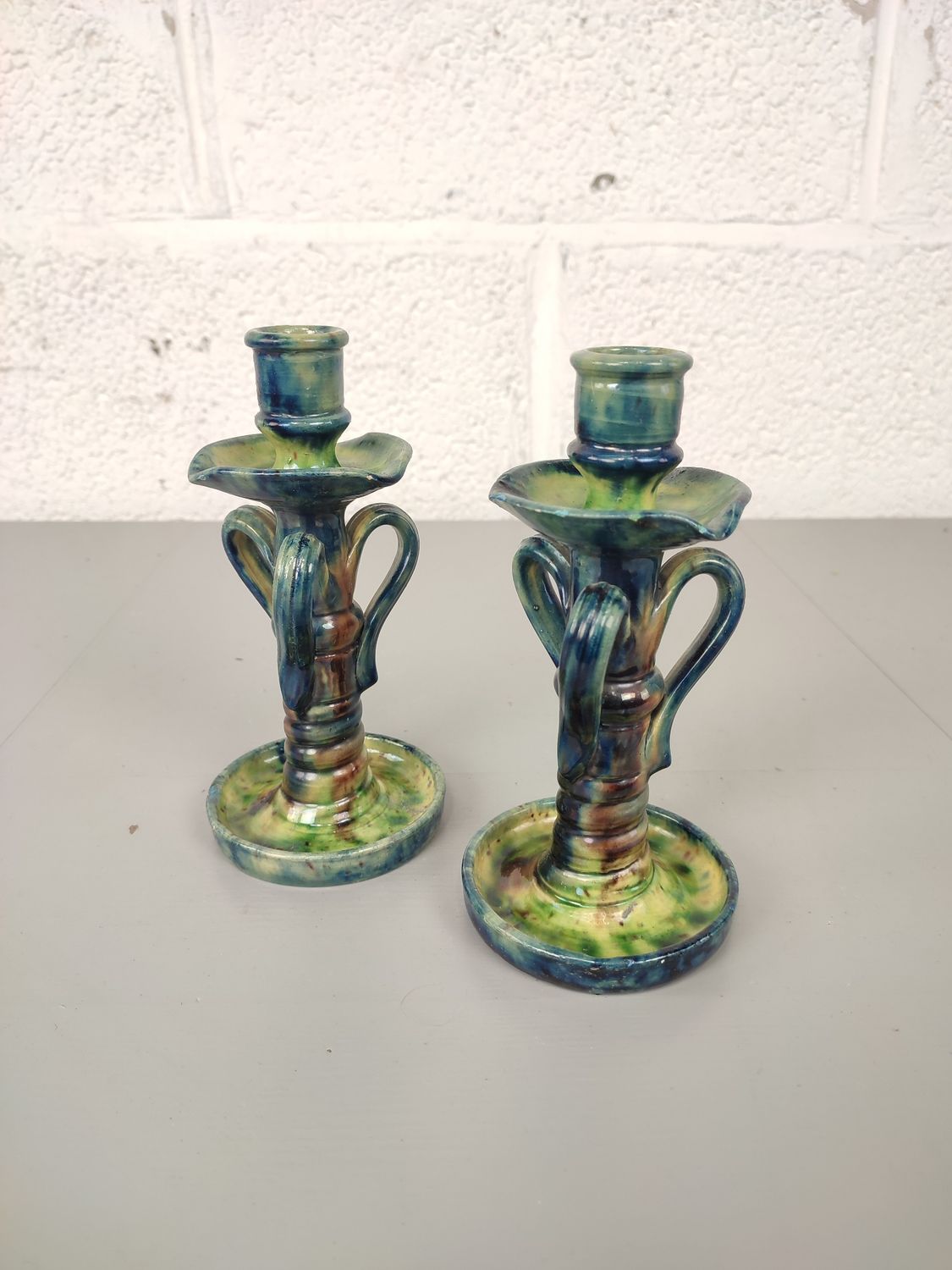 Pair of candlestick in Flemish earthenware