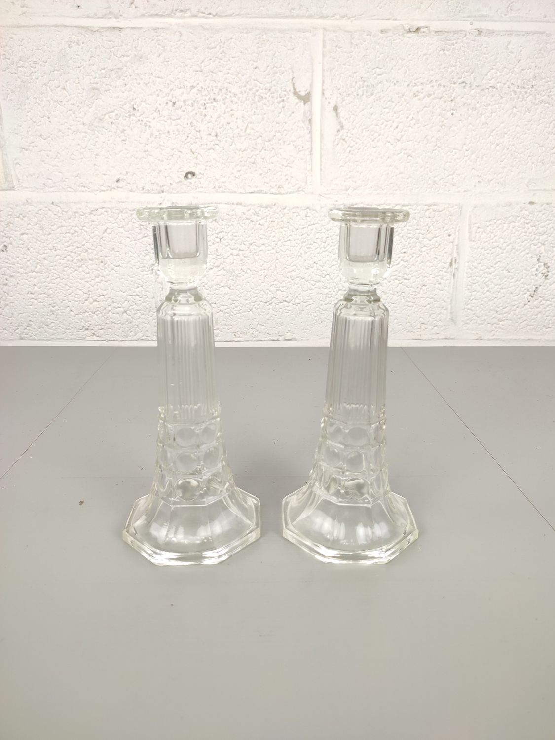 Pair Val Saint Lambert pressed glass candlesticks