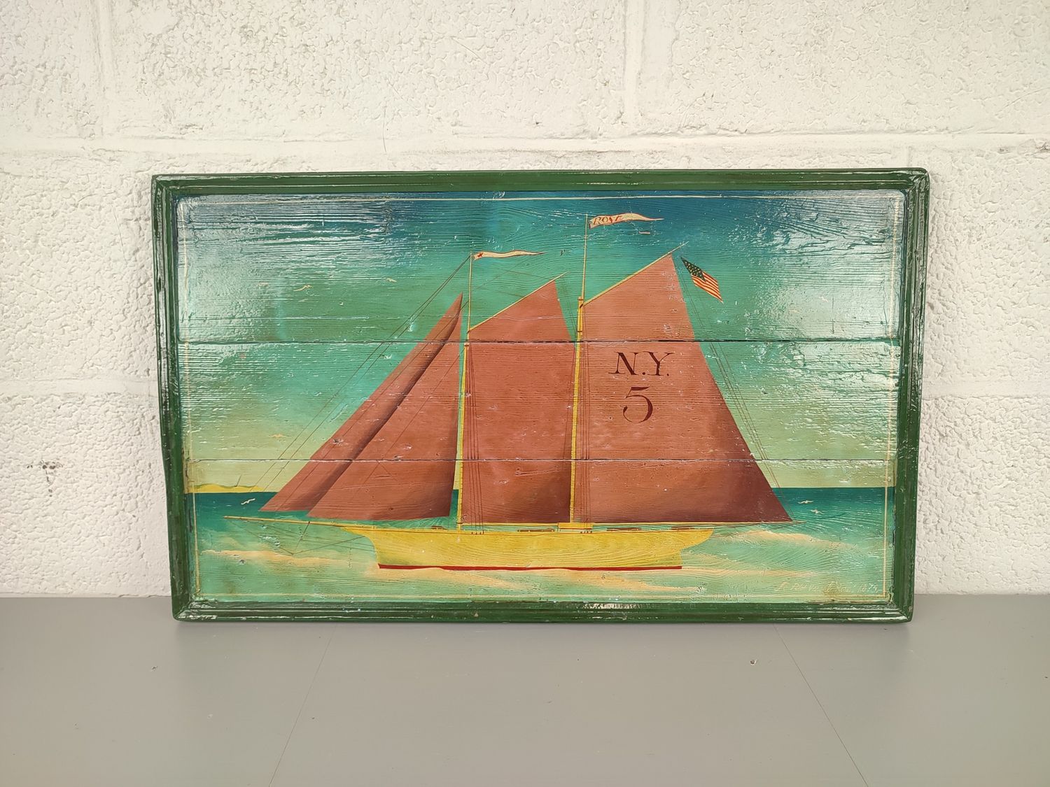 Vintage wooden panel with ship