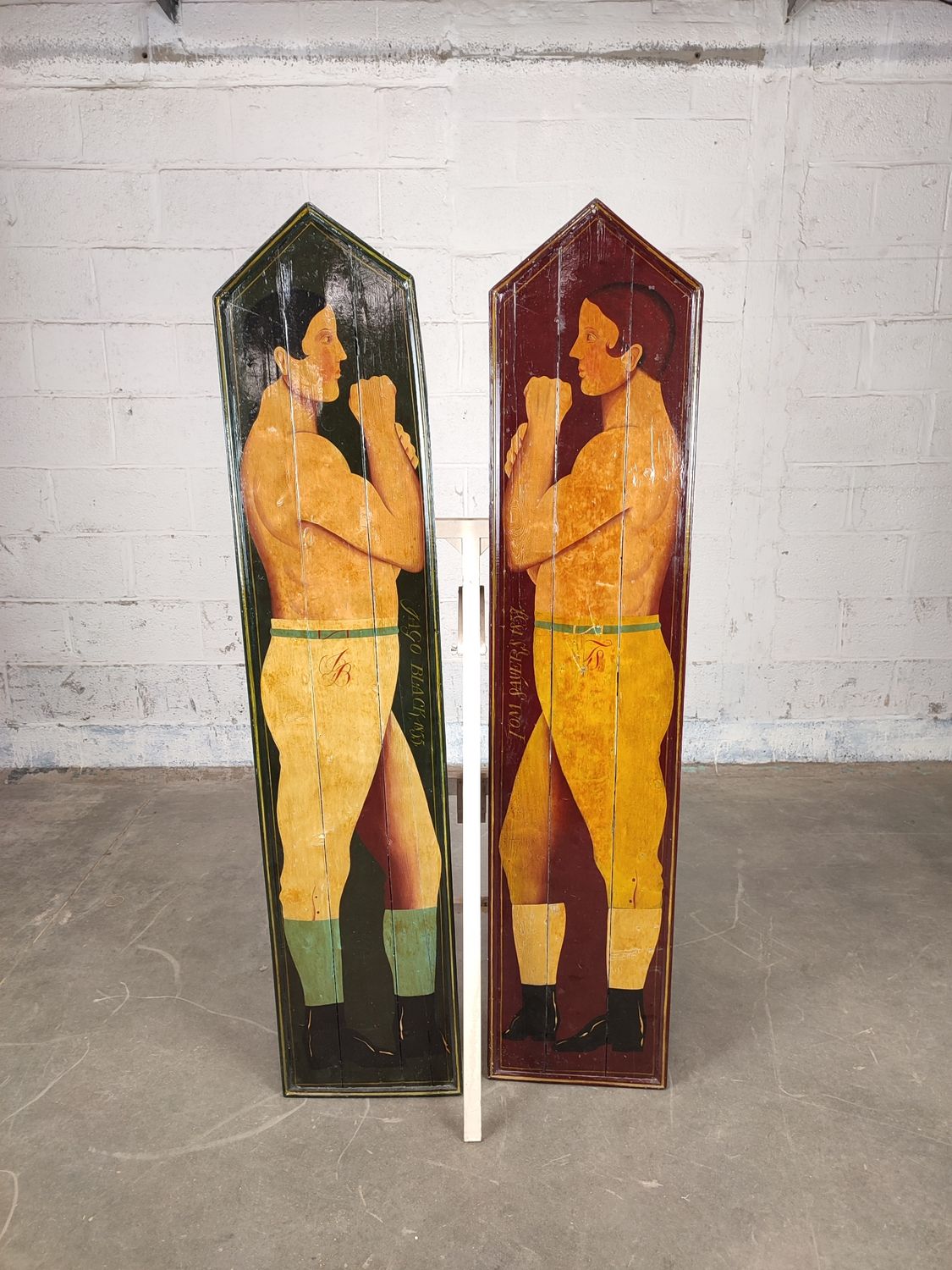 2 painted wooden fairground panels, England