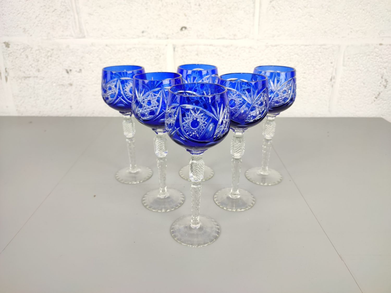 6 blue Bohemian crystal glasses