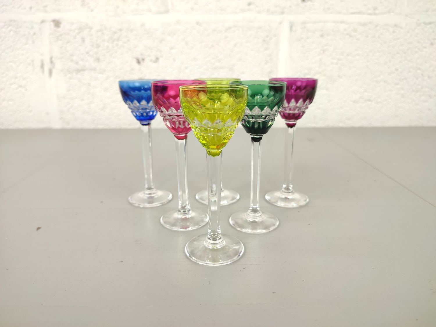 Set of 6 colored Val Saint Lambert liqueur glasses