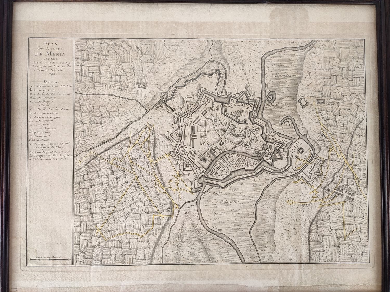Antique map siege of Menen 1744