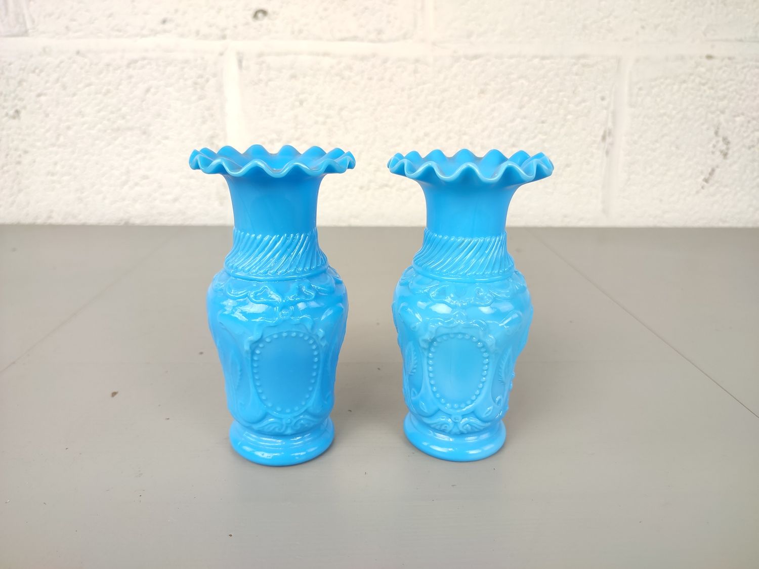 Pair antique blue opaline vases