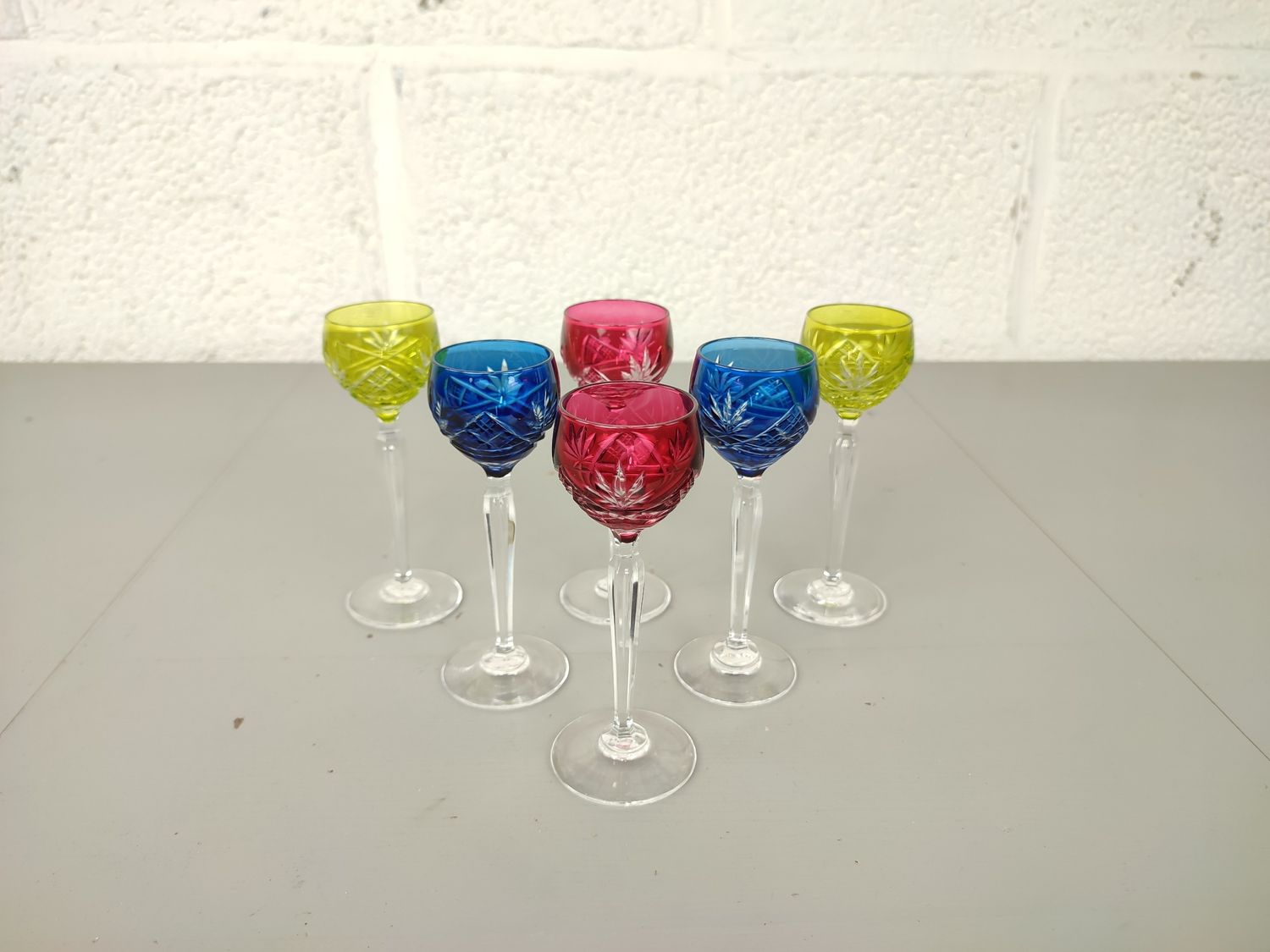 Set of 6 colored Val Saint Lambert shot glasses &#39;Eurydice&#39;