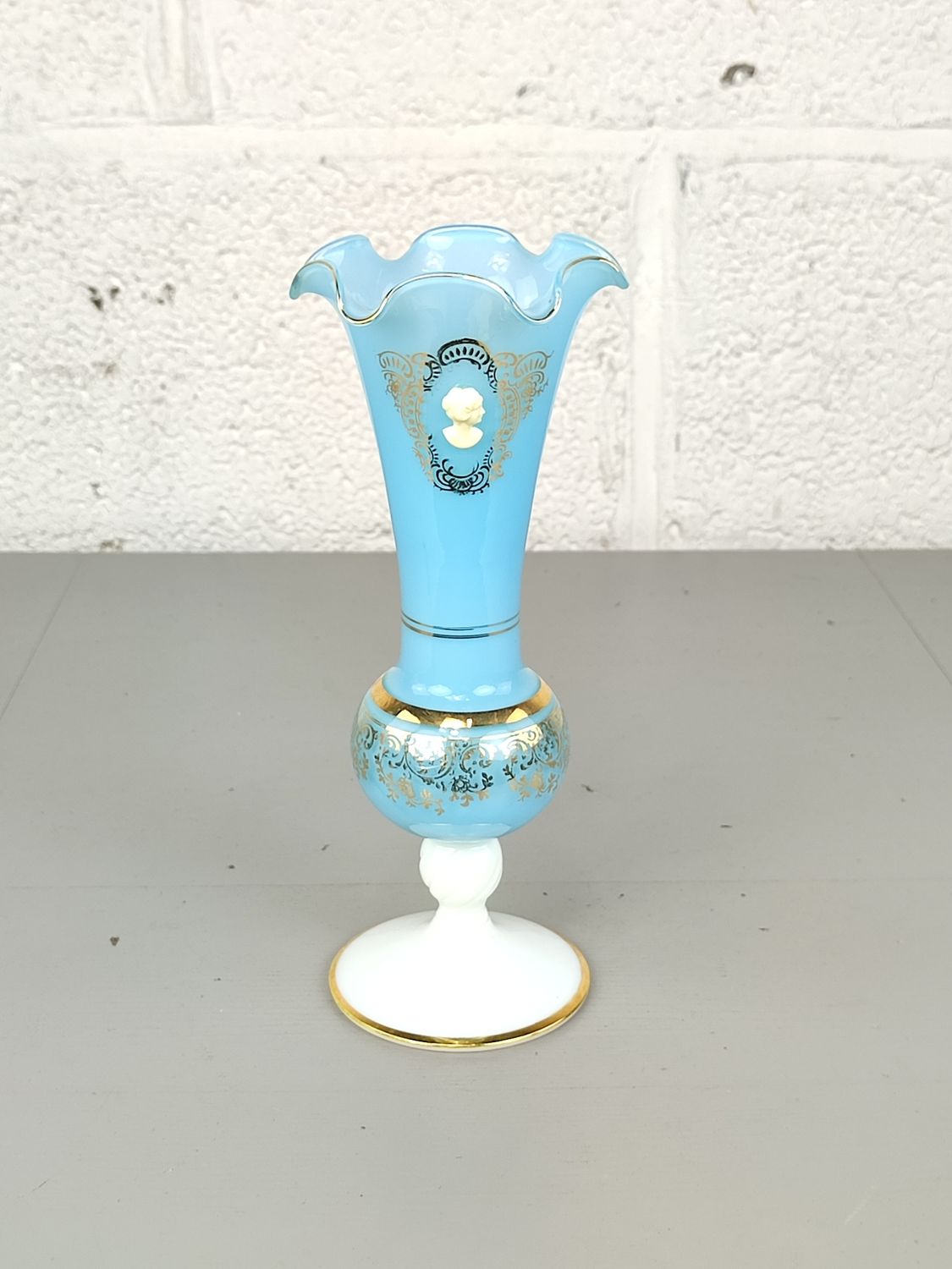 Blue and white opaline vase