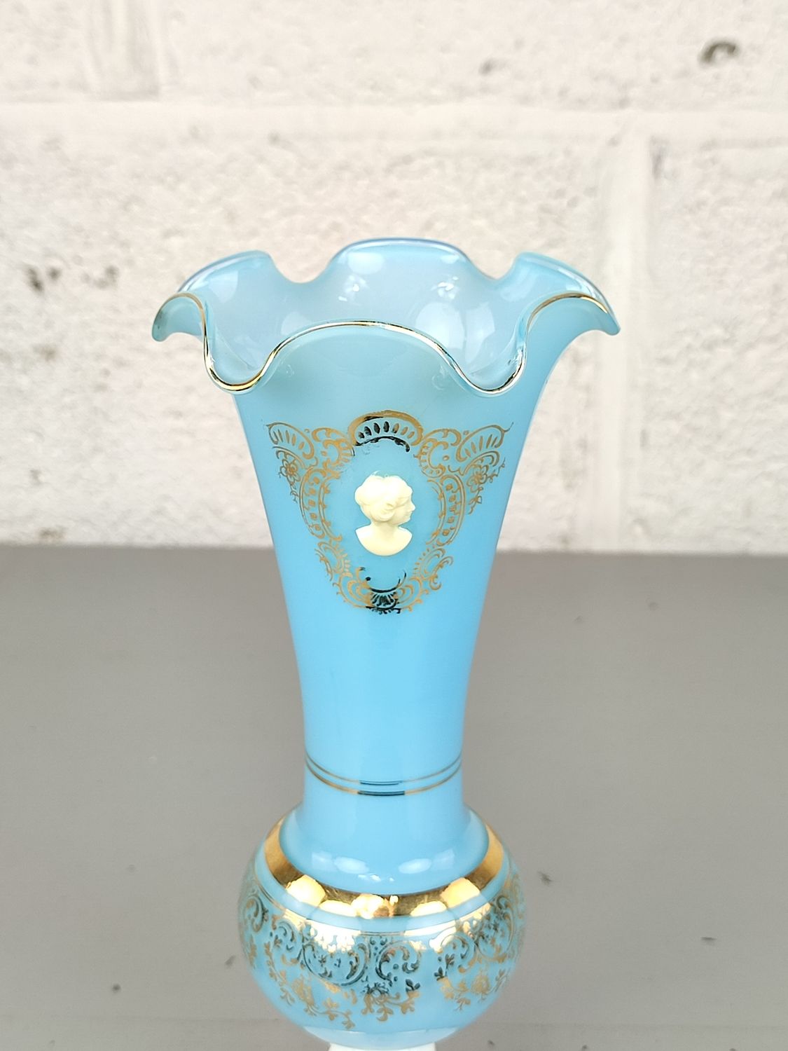 Blue and white opaline vase