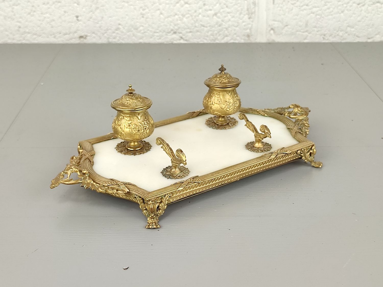 Antique French gilt bronze &amp; marble inkwell