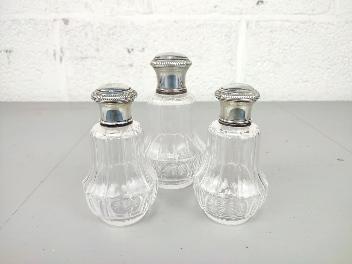 Set of 3 glass &amp; silver perfume bottles