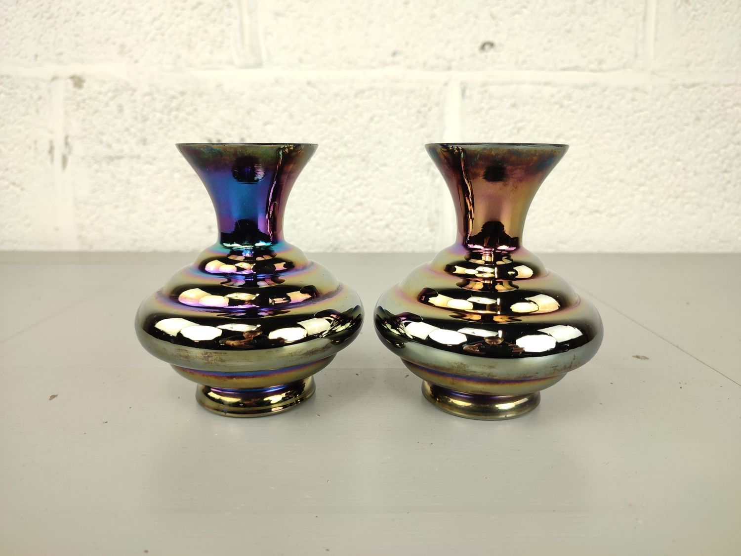 Pair of antique iridescent glass vases
