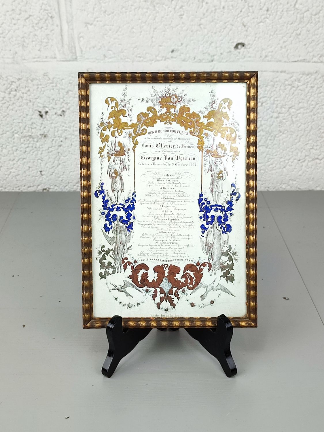 Wedding menu of Veurne Maoyor Ollevier in 1852