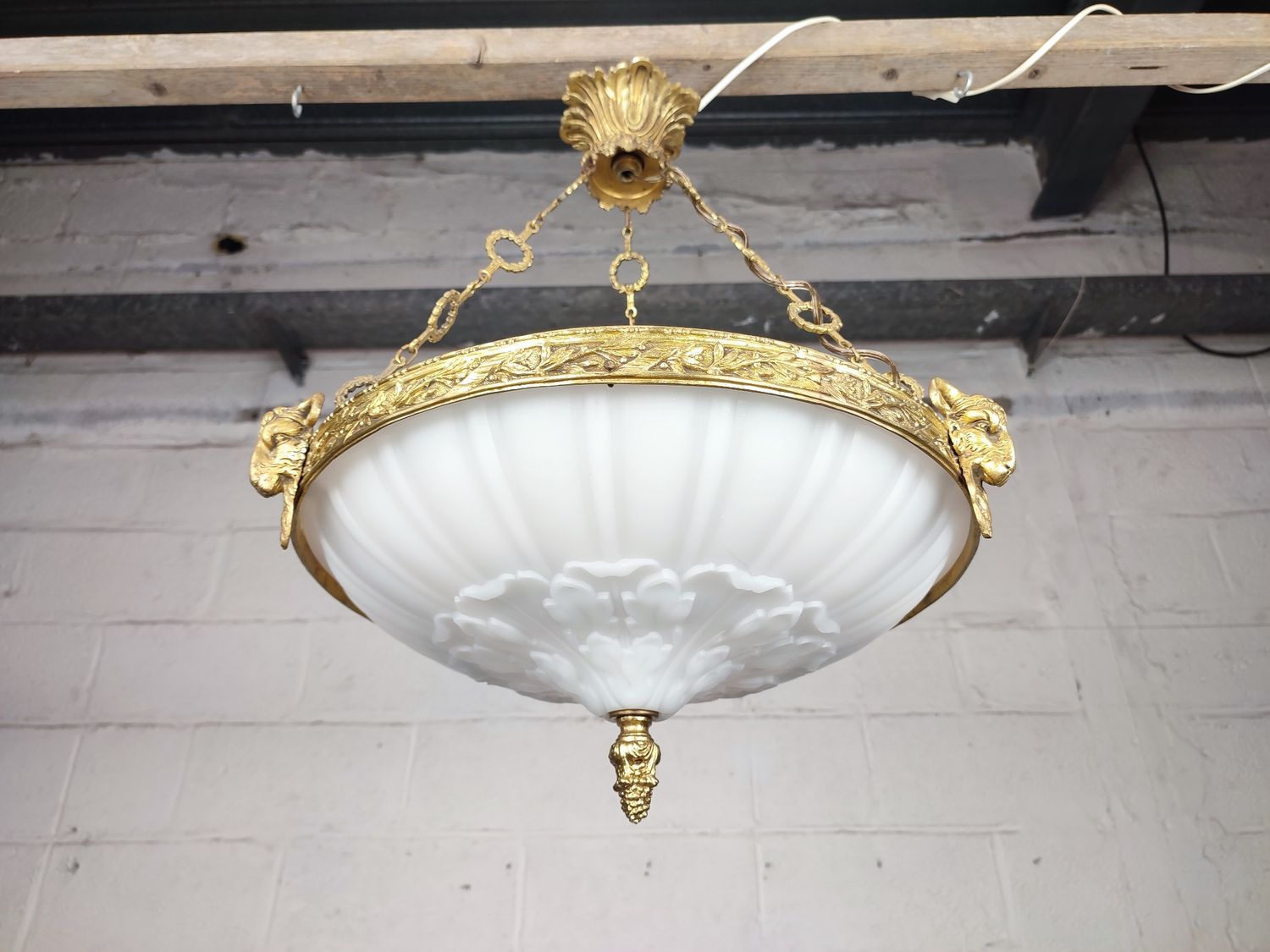 Antique bronze and milk glass lamp