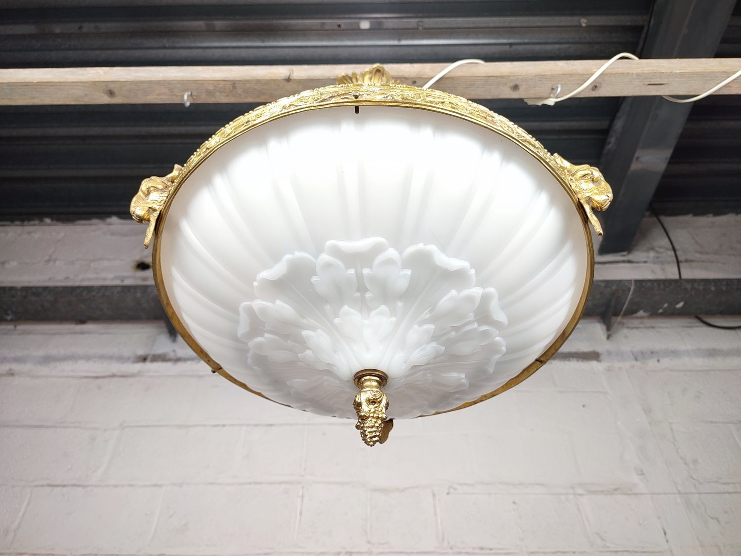 Antique bronze and milk glass lamp