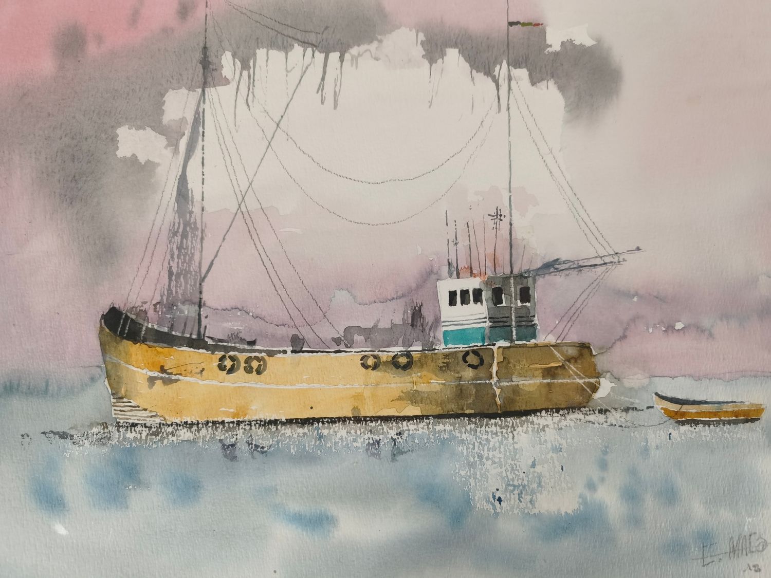 Etienne Maes - Aquarel - fishing boat