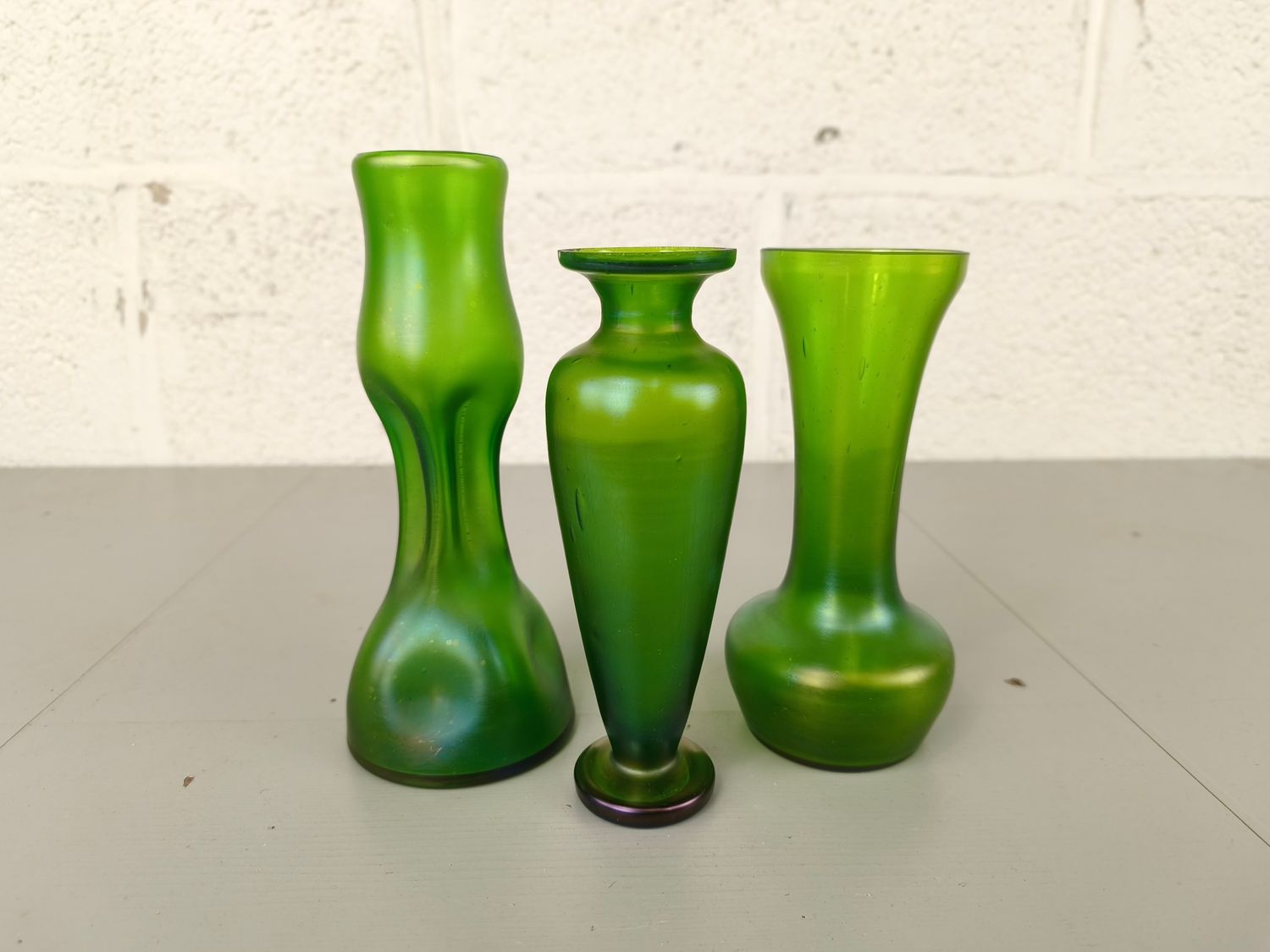 3 antique green art nouveau glass vases
