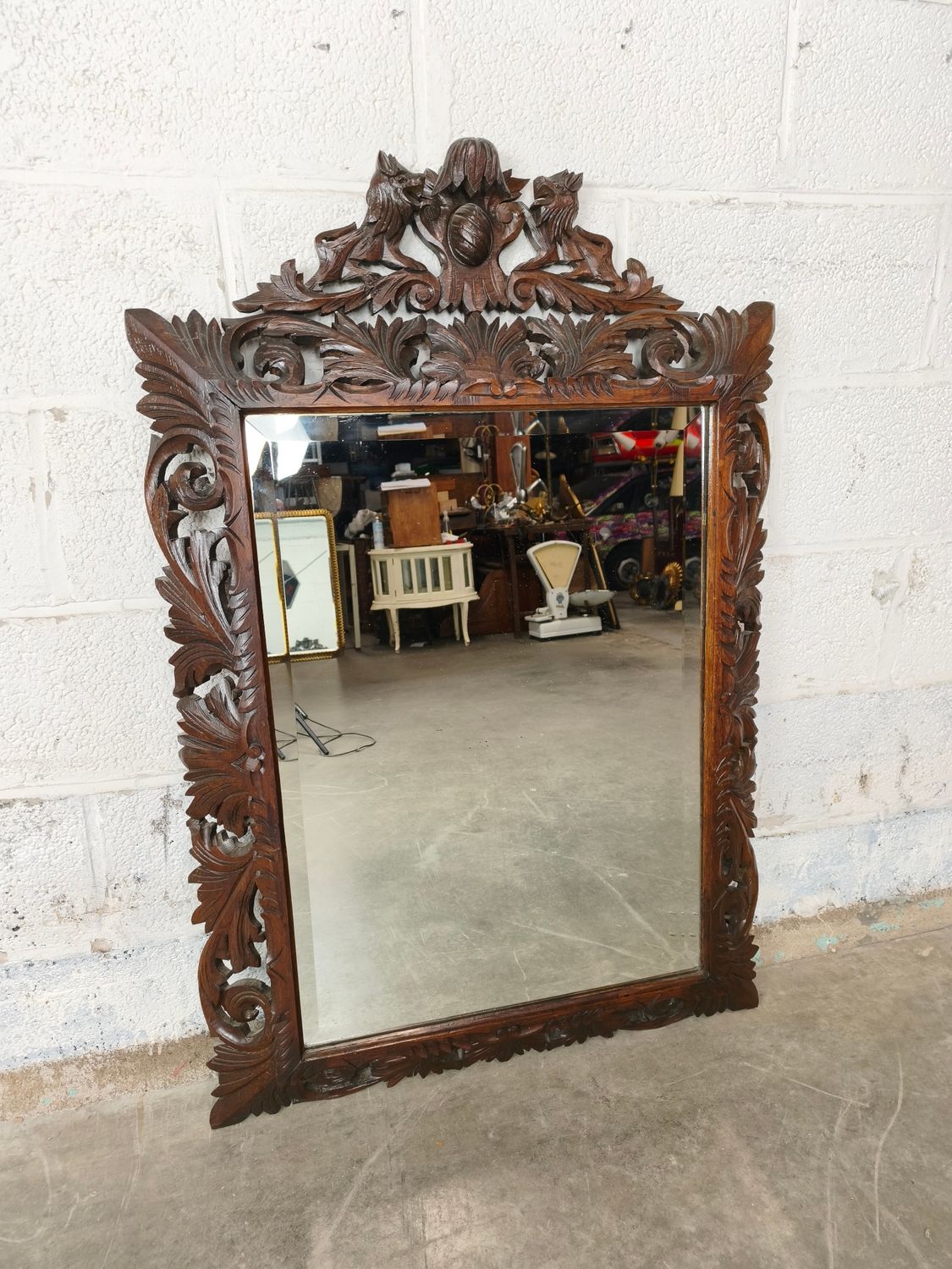 Large antique carved wooden mirror