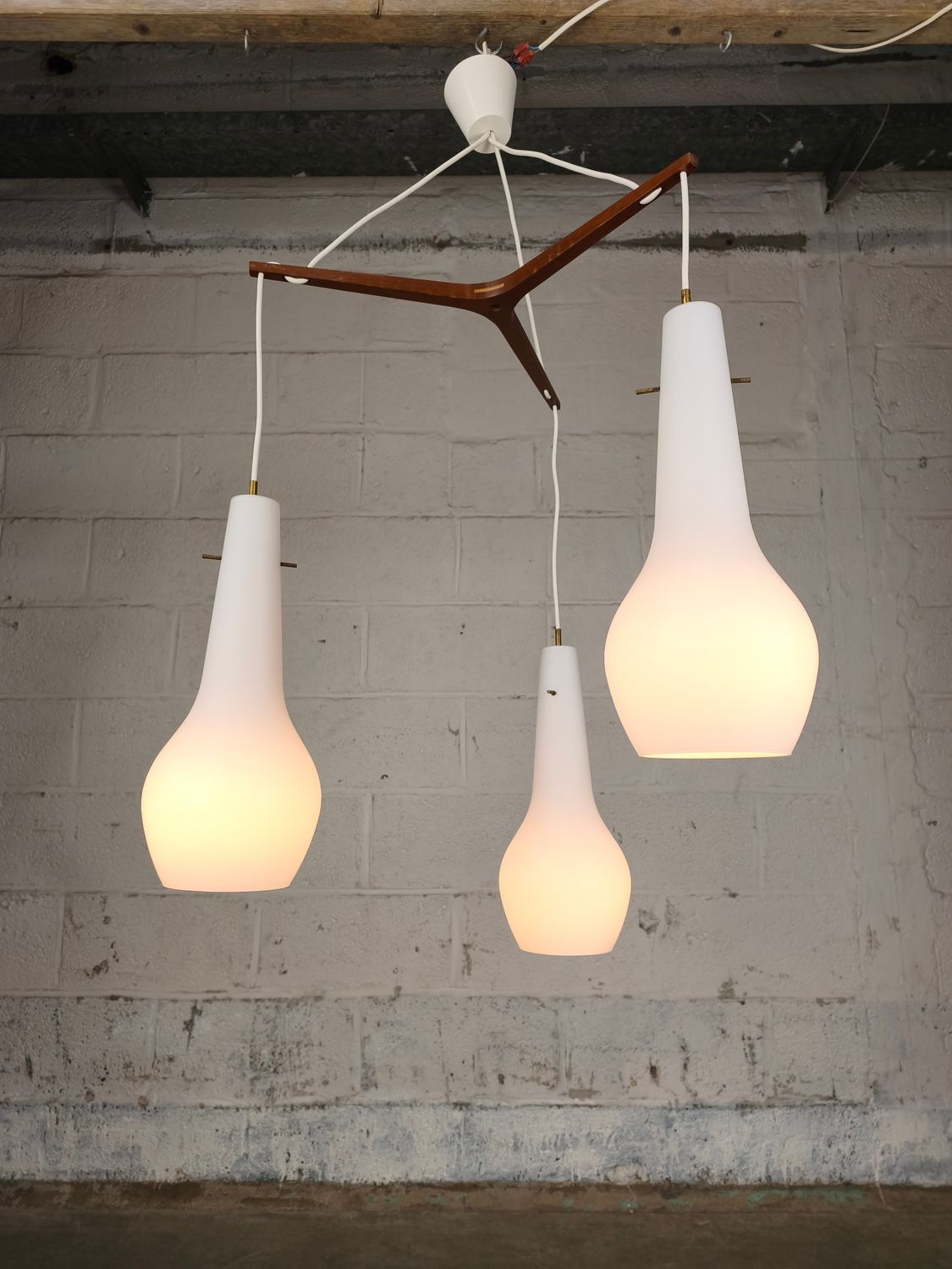 Vintage teak &amp; opaline pendant lamp