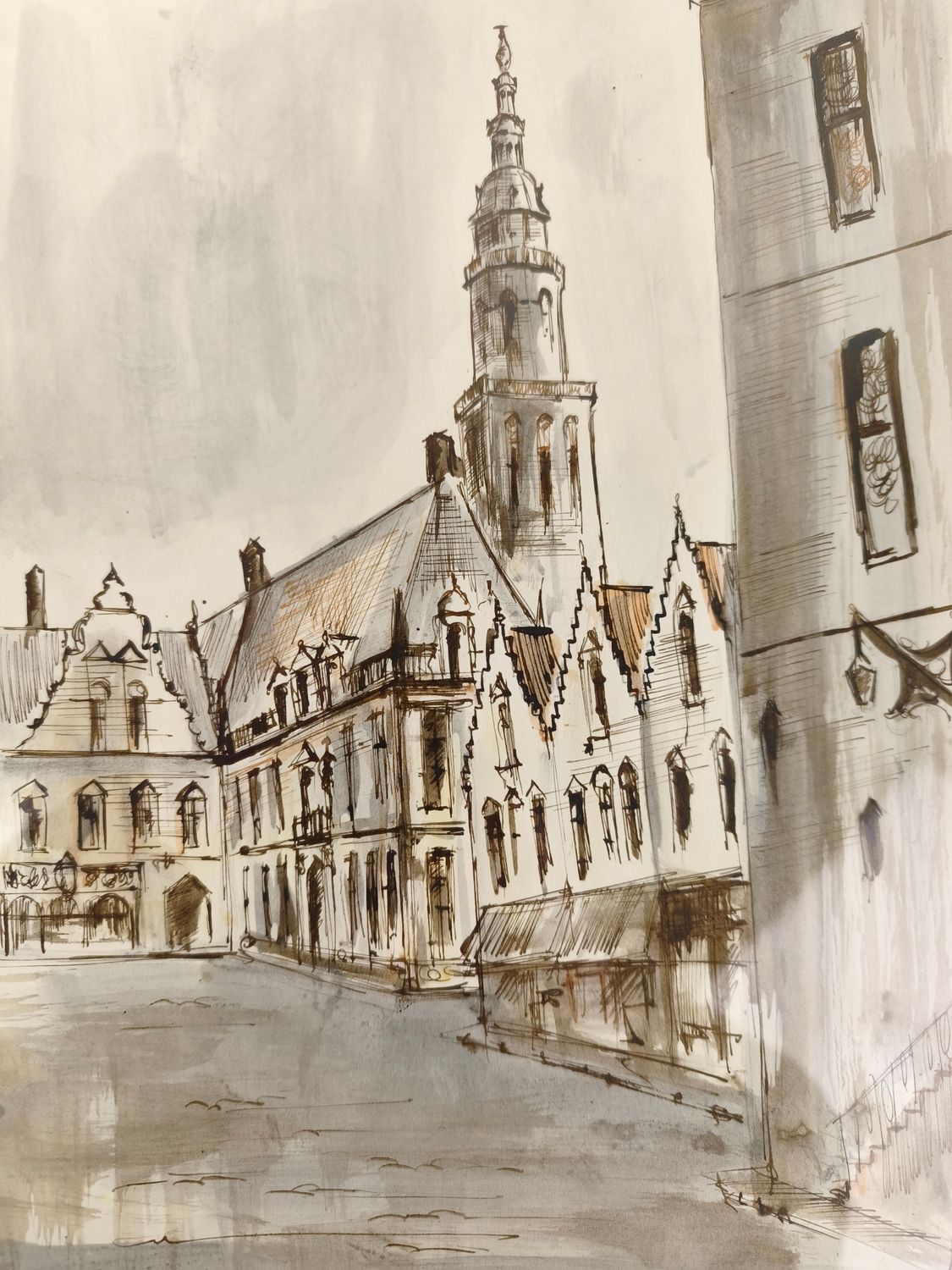 Watercolour of Veurne market