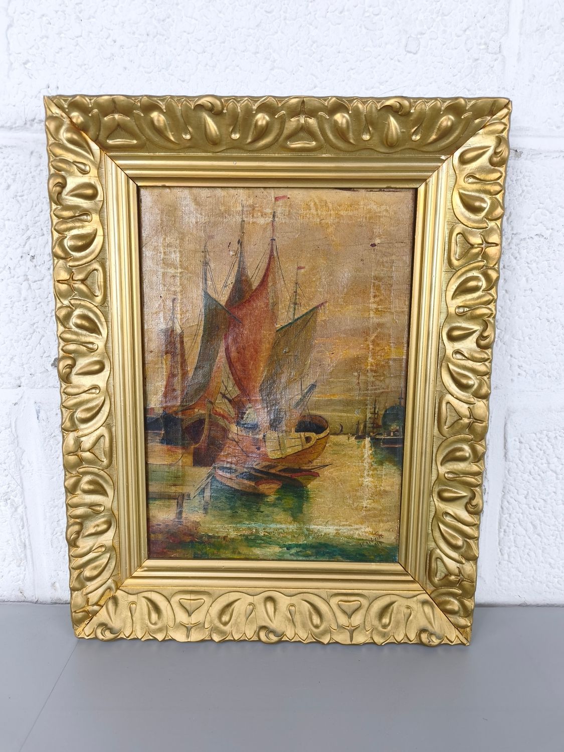 J. Grégoir - antique painting with ships - 1914