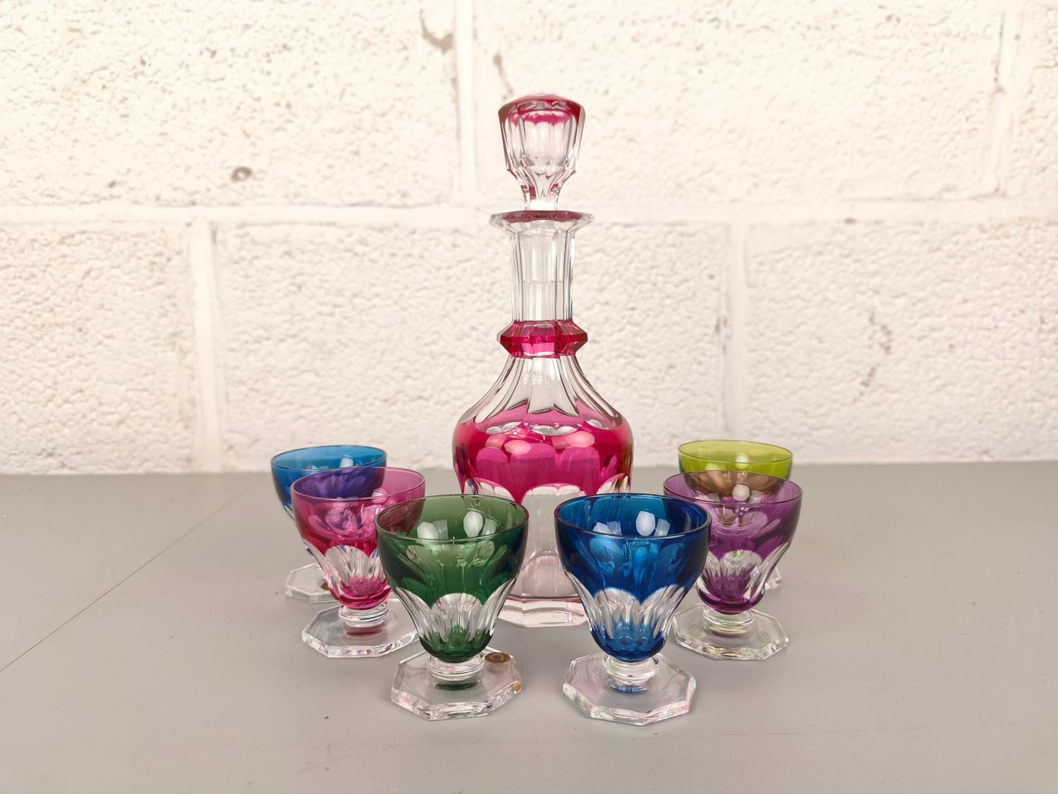 Crystal Val Saint Lambert decanter + 6 colored glasses