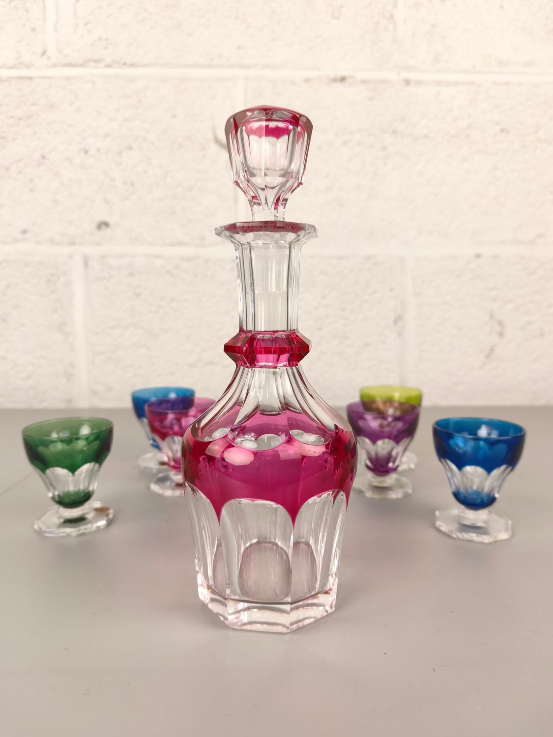 Crystal Val Saint Lambert decanter + 6 colored glasses