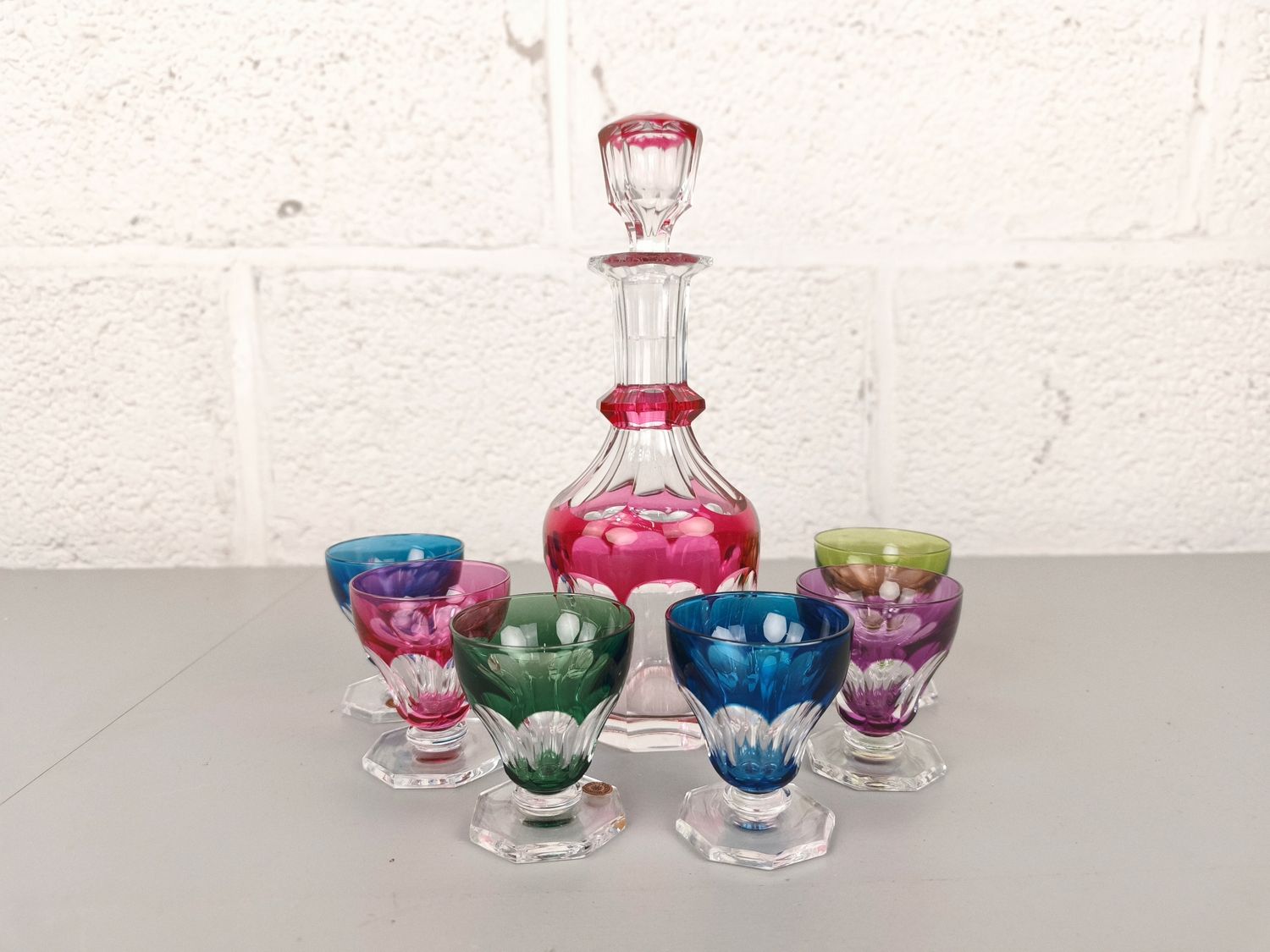 Crystal Val Saint Lambert decanter + 6 colored glasses