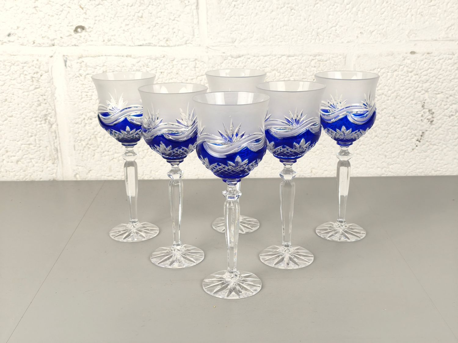 6 blue crystal Bohemian glasses