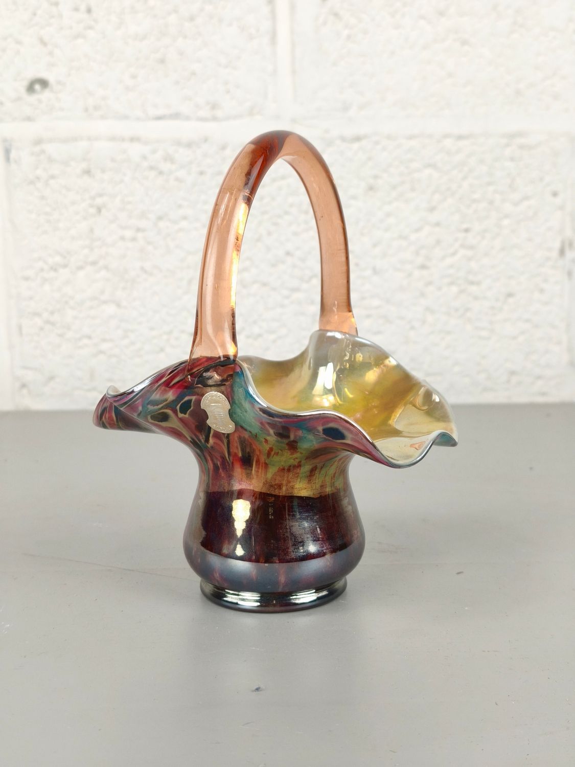 Antique iridescent Kralik millefiori basket