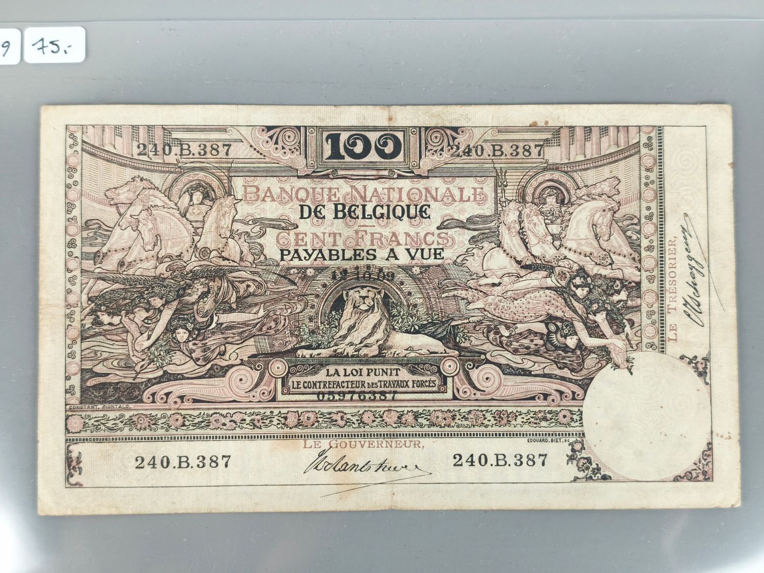 Banknote 100 frank België 1909