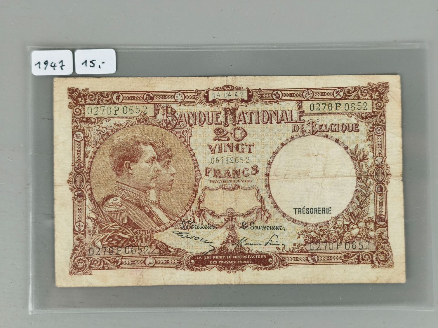 Banknote 20 frank België 1947