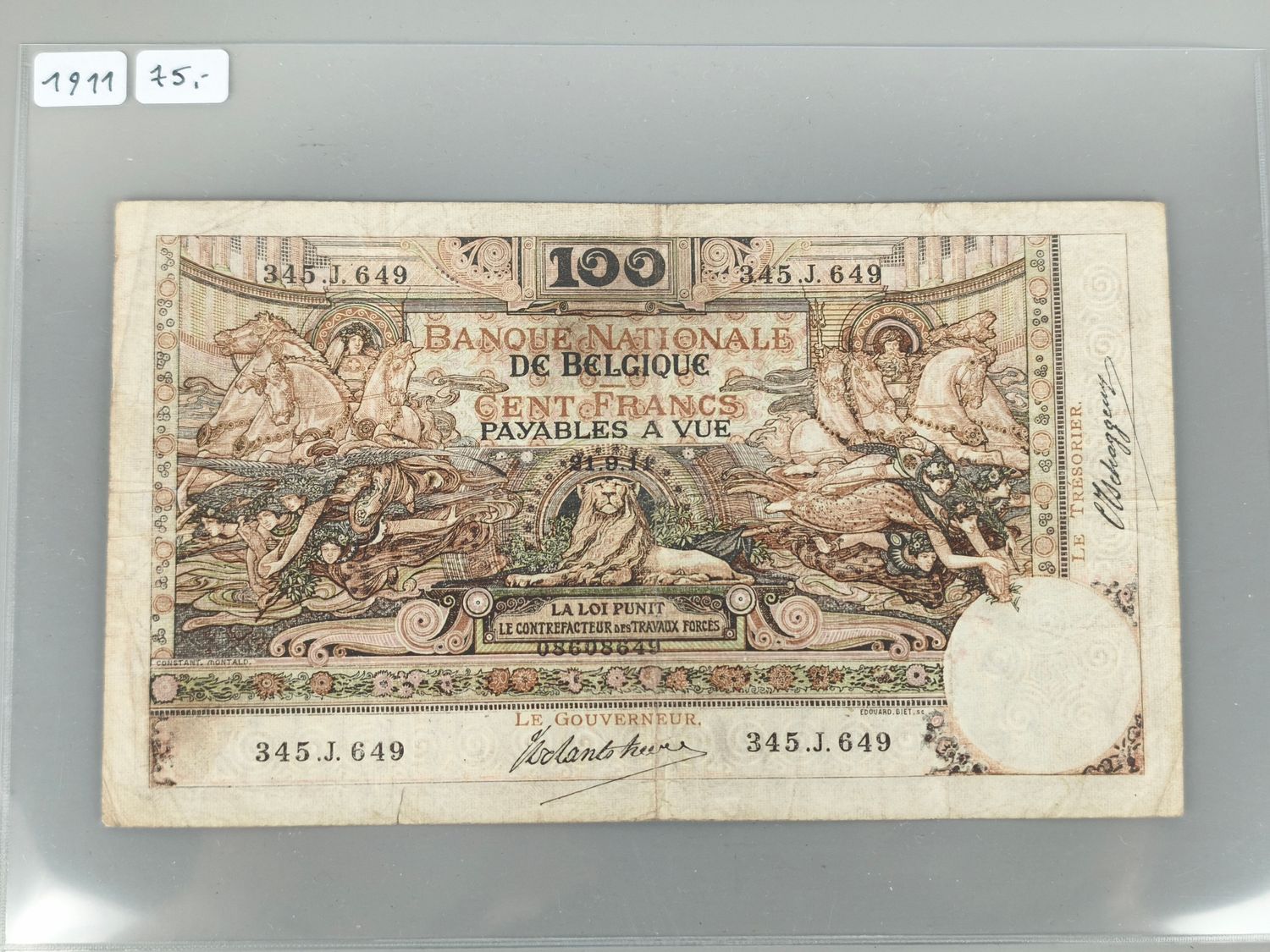 Banknote 100 frank België 1911