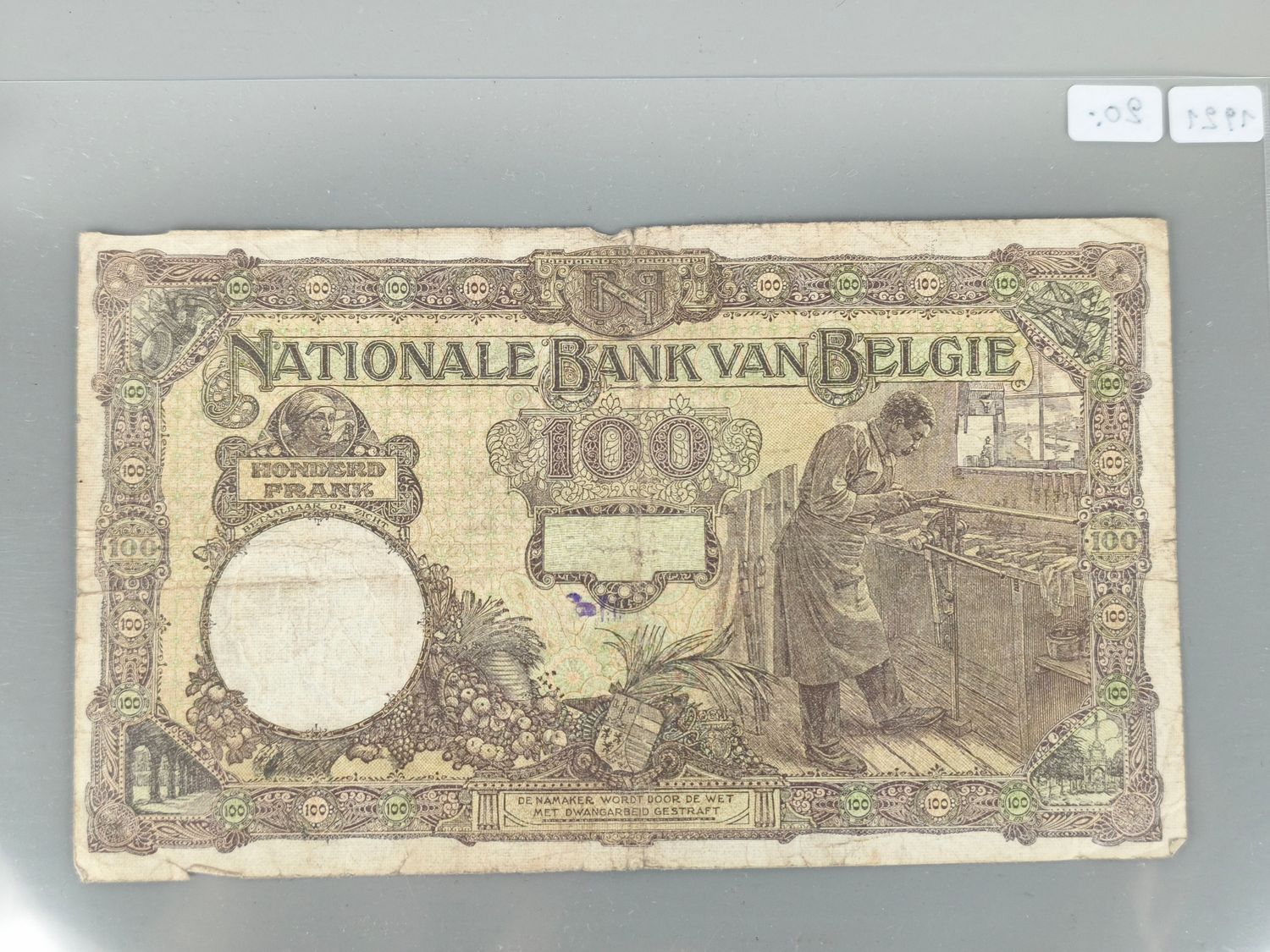 Banknote 100 frank België 1921