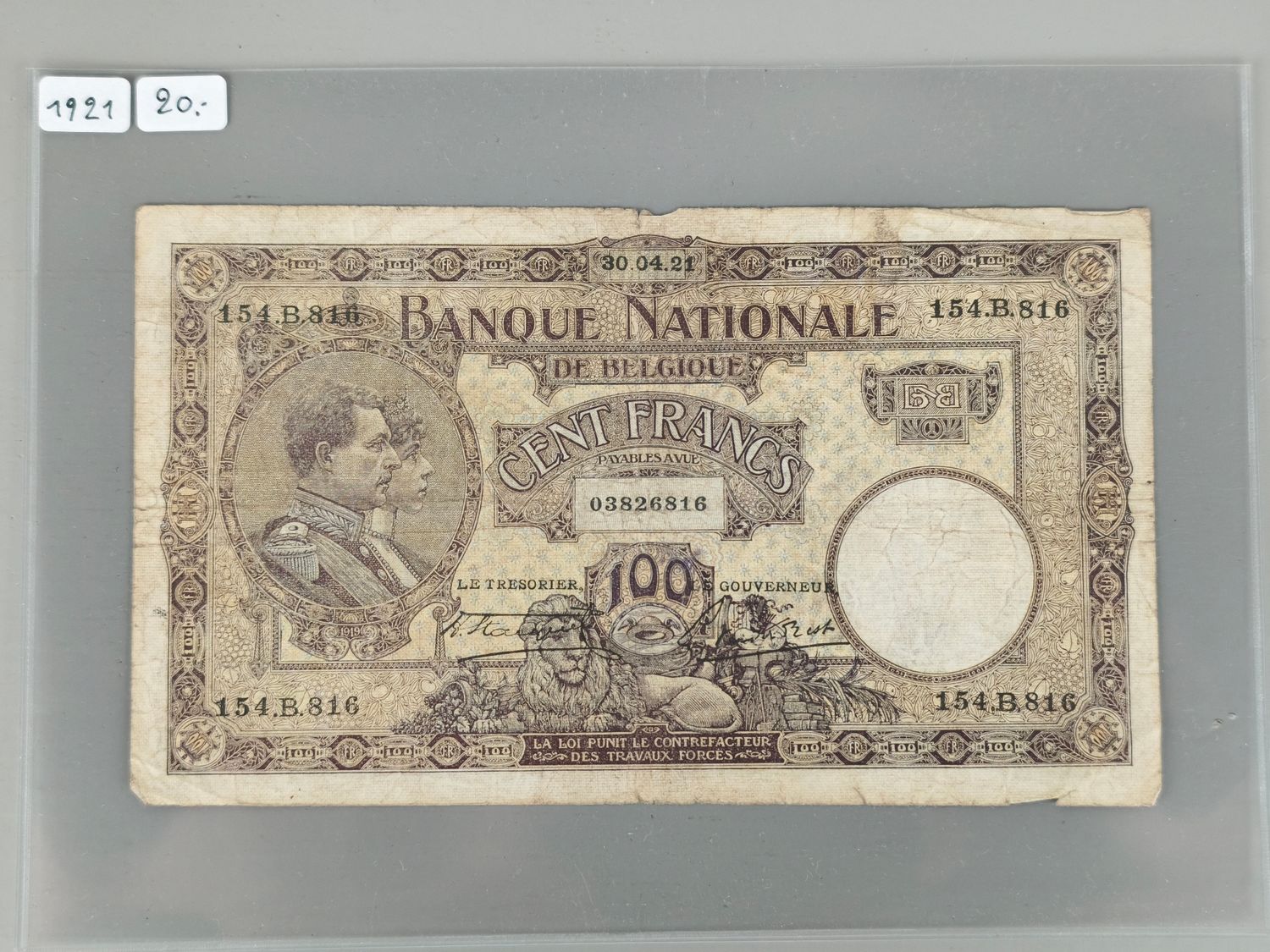 Banknote 100 frank België 1921