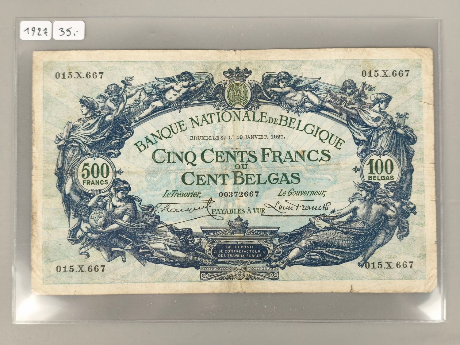 Banknote 500 frank België 1927